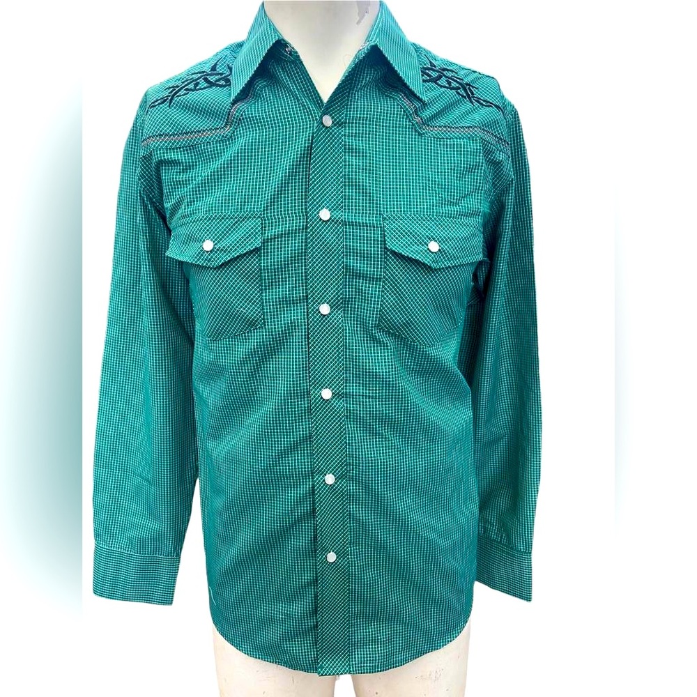 Men’s Green Plaid Embroidered Western Snap Button Shirt
